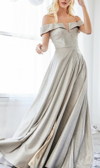 Platinum silver Metallic finish long formal evening gown - Picture 5 of 7